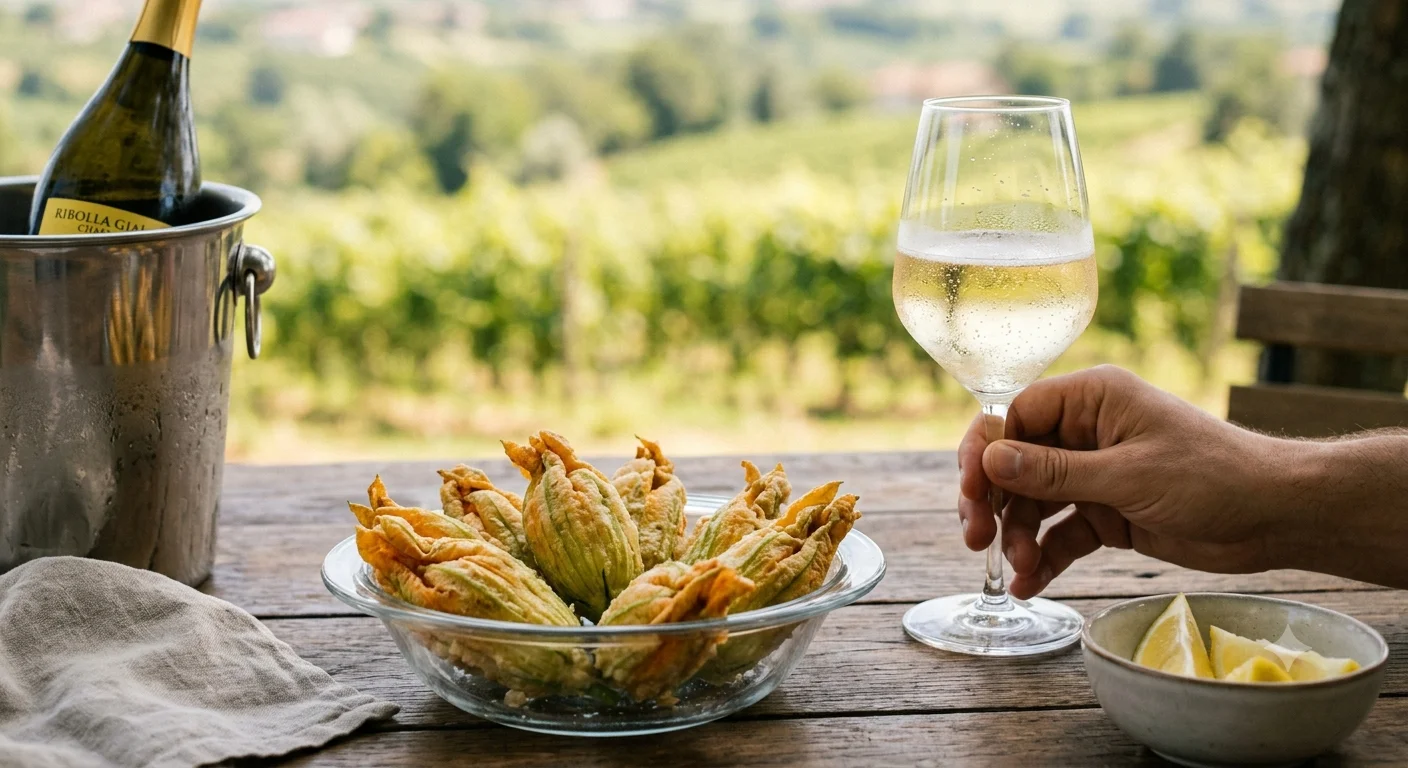 Fiori di zucca ripieni di formaggio vegano agli anacardi, panati e cotti in friggitrice ad aria abbinato a Ribolla Gialla Metodo Charmat 2025 — Radici e Bicchiere