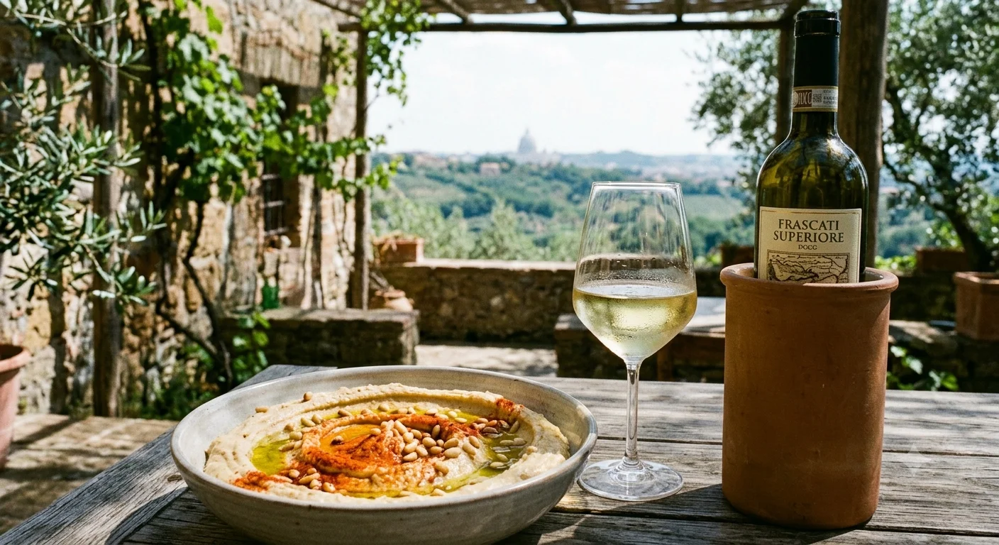 Hummus classico con paprika affumicata e pinoli tostati abbinato a Frascati Superiore DOCG — Radici e Bicchiere