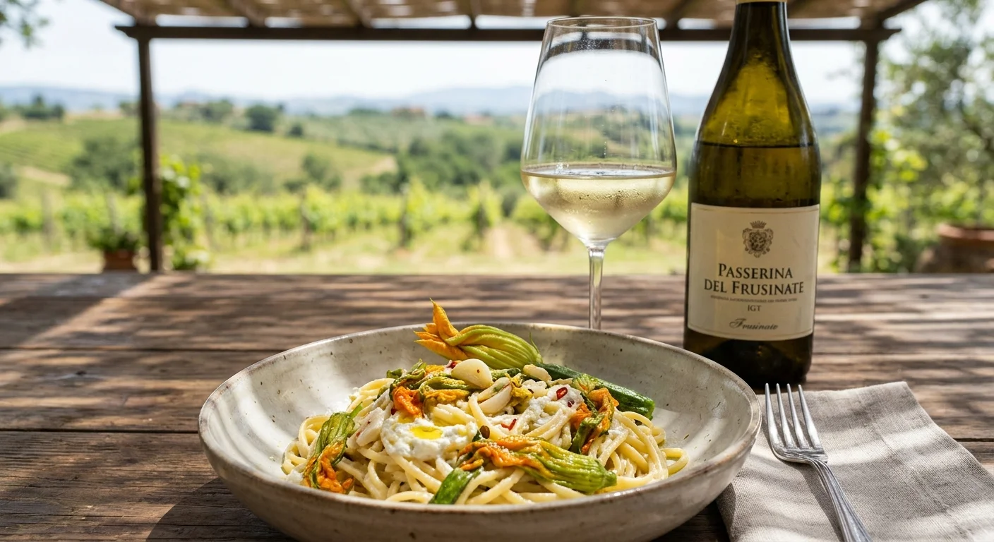 Pasta fresca con fiori di zucca saltati in padella e ricotta vaccina cremosa abbinato a Passerina del Frusinate IGT — Radici e Bicchiere