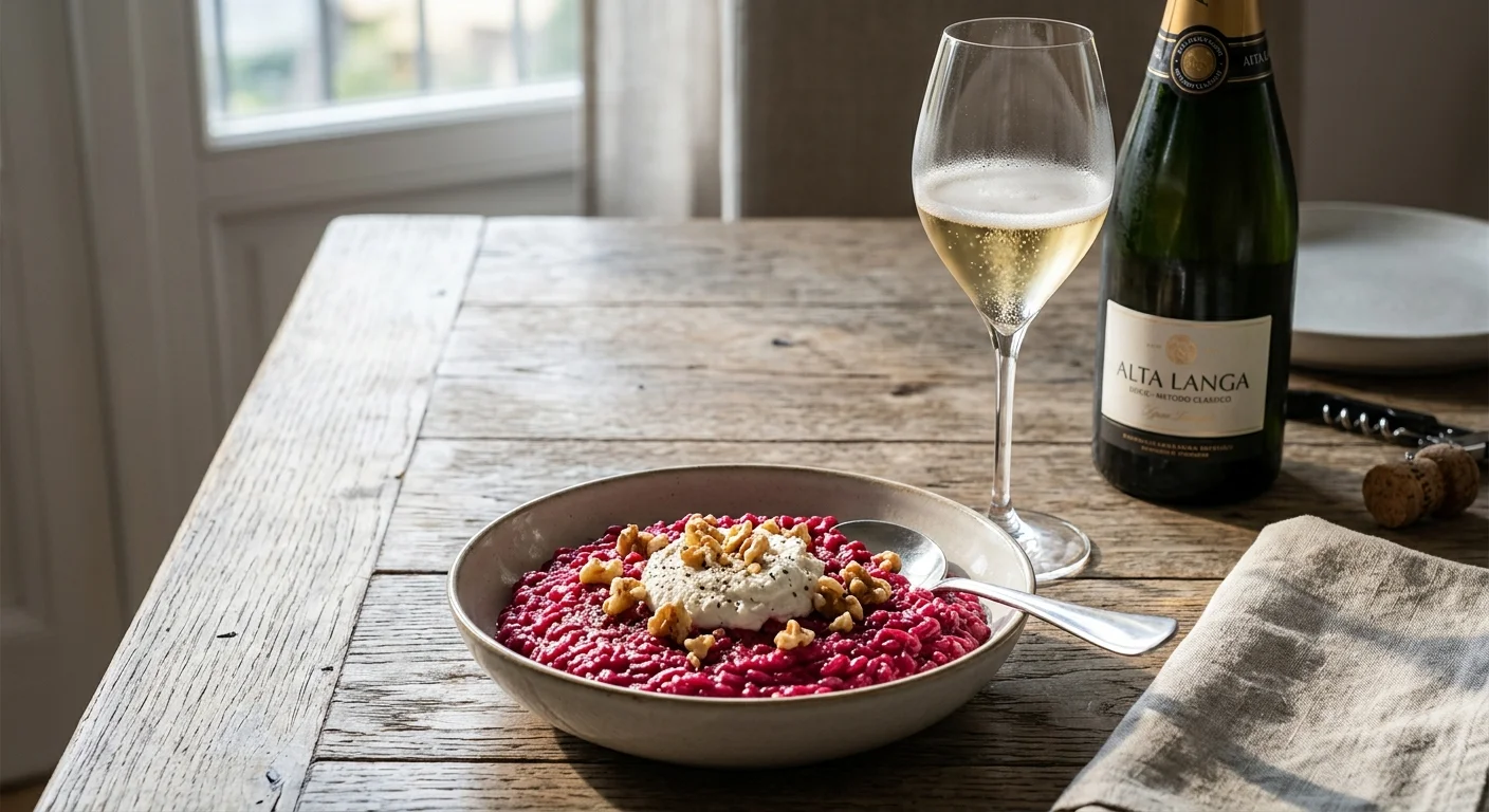 Risotto alla barbabietola con formaggio vegano spalmabile abbinato a Alta Langa DOCG (Metodo Classico) — Radici e Bicchiere
