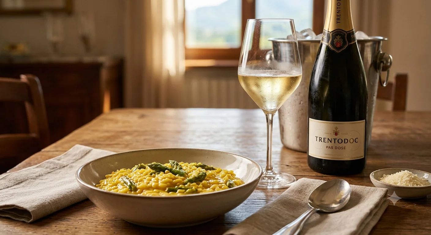 Risotto allo zafferano e asparagi abbinato a Trento DOC Pas Dosé — Radici e Bicchiere