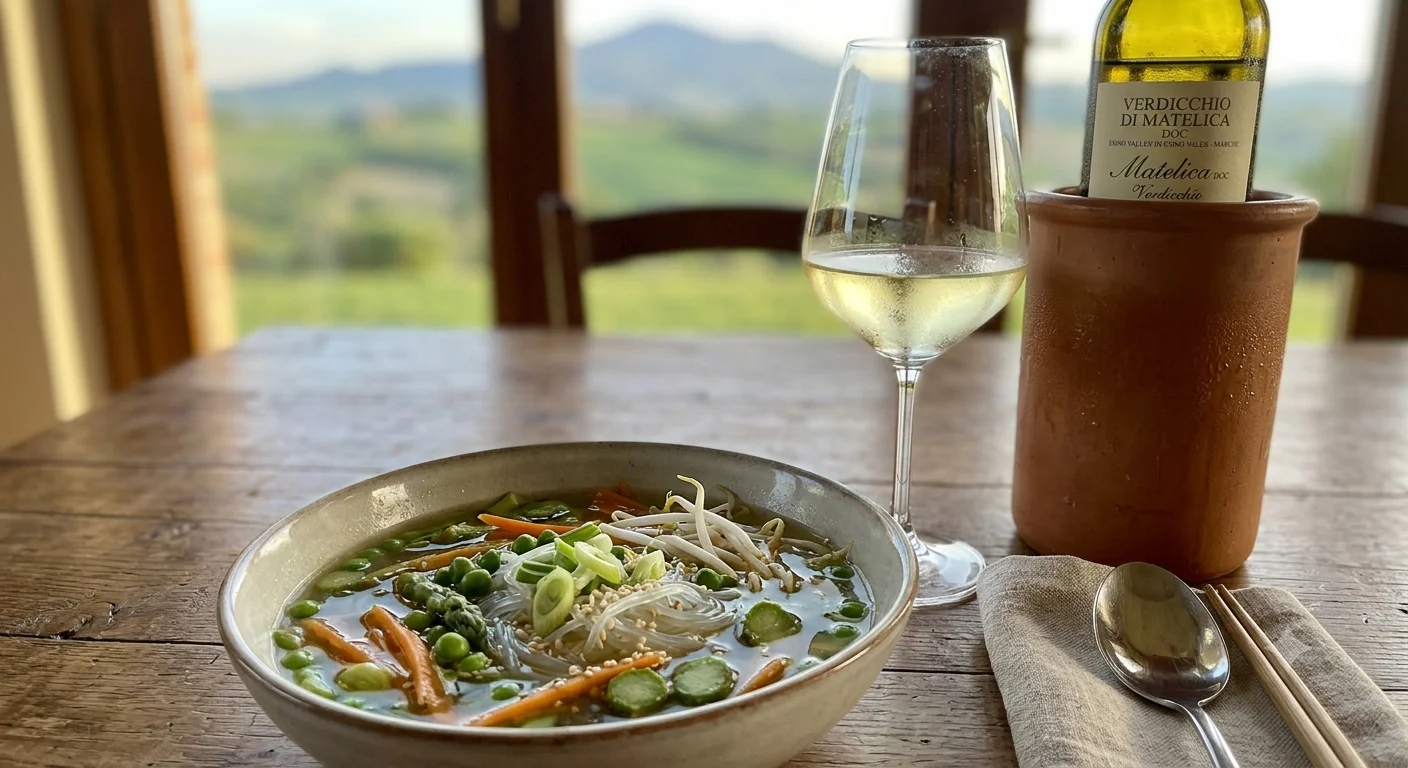 Spaghetti di soia con verdure primaverili in brodo vegetale abbinato a Verdicchio di Matelica DOC — Radici e Bicchiere